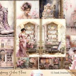 Páginas de diario basura de mujeres victorianas, diario basura de perfumerías victorianas, hoja de collage victoriano, efímeras victorianas, diario basura de perfumes