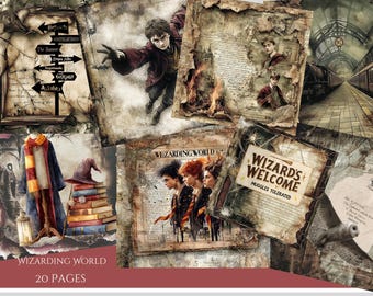 Wizarding School Junk Journal Paper, 20 Wizard Printable Ephemera, Vintage Magic Scrapbooking Collage Sheet, Background Digital Download