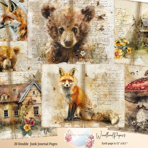 Pagine di diario di animali del bosco, kit di carta per album digitali, pagine stampabili della foresta, carte digitali di boschi acquerellati, effimeri della natura