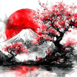 May include: Watercolor painting of a Japanese landscape featuring a red sun, snow-capped mountain, and cherry blossom trees. The artwork uses a palette of red, black, white, and gray, with a reflection in the water below.