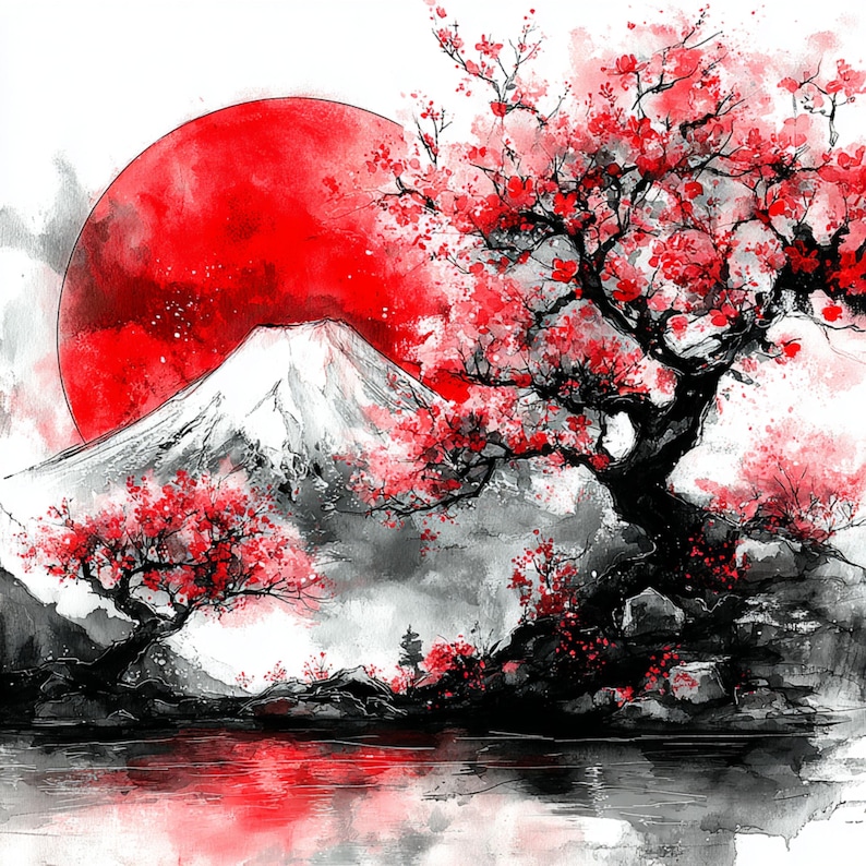 May include: Watercolor painting of a Japanese landscape featuring a red sun, snow-capped mountain, and cherry blossom trees. The artwork uses a palette of red, black, white, and gray, with a reflection in the water below.