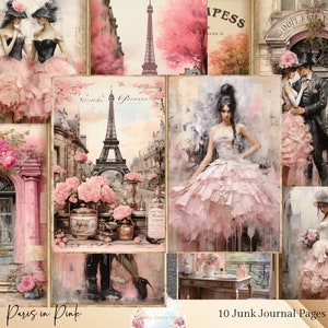 Kit de diário de lixo de Paris, páginas de diário de lixo de Paris rosa, papéis de artesanato, suprimentos para scrapbooking de itens efêmeros de Paris, folhas de colagem de itens efêmeros vintage