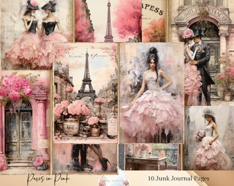 May include: A collage of 10 digital scrapbook pages featuring images of Paris, France, with a pink color scheme. The images include the Eiffel Tower, a Parisian street scene, a couple in love, and women in pink dresses. The text "Paris in Pink" and "10 Junk Journal Pages" is included in the collage.