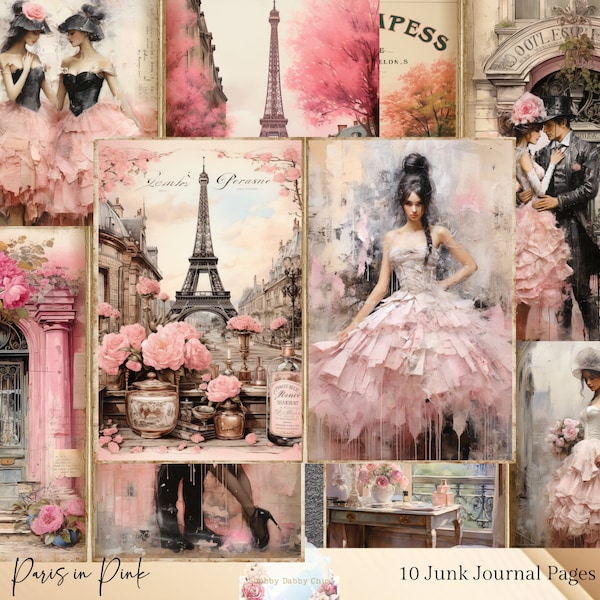 Paris Junk Journal Kit, Pink Paris Junk Journal pages, Crafting Papers, Paris Ephemera, Scrapbooking Supplies, Ephemera Pack, Collage Sheets