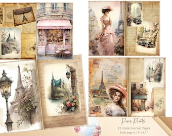 Paris Junk Journal Kit, Pink Paris Junk Journal pages, Crafting Papers, Paris Ephemera, Scrapbooking Supplies, Ephemera Pack, Collage Sheets