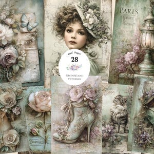 Vintage Victorian Junk Journal Papiere 28 halbe Papiere, Vintage Printable Floral Grün und Lila Printable Cottage Kern Ephemera Shabby Chic