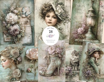 Vintage Victorian Junk Journal Papers 28 Half Papers, Vintage Printable Floral Green and Lilac Printable Cottage core Ephemera Shabby Chic