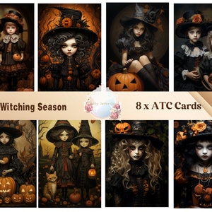 8x cartões imprimíveis de Halloween, lixo diário coisas efêmeras vitorianas etiquetas de Halloween para crianças papéis digitais de Halloween cartões ATC scrapbooking Halloween