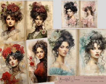 Victorian Women Junk Journal Pages, 10 Double Papers - Digital Download