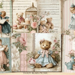 May include: A collage of vintage-style illustrations featuring teddy bears, children, and floral elements. The images include children in dresses, teddy bears with bows, and decorative elements like roses and sheet music. The text "TEDDY BEARS PICNIC" is at the bottom.