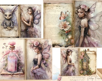 May include: Twelve vintage style junk journal pages featuring fairies, flowers, and whimsical imagery. Each page is 11 inches by 8.5 inches.