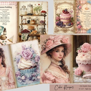 Strony dziennika „Ciasta i ciasta” Junk, zestaw papieru do scrapbookingu cyfrowego, arkusz kolażu „Pieczenie” do druku „Słodkie smakołyki”, dziennik „Ciasta i karty przepisów” Junk