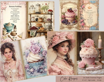 May include: A collection of 24 printable junk journal pages featuring vintage illustrations of cakes, cupcakes, and a woman in a pink dress and hat. The pages are perfect for adding to your junk journal or using for scrapbooking.