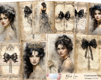 Victorian Women Junk Journal Pages, Victorian Ladies Junk Journal, Victorian Collage Sheet, Victorian Ephemera, Lace Junk Journal Black Lace