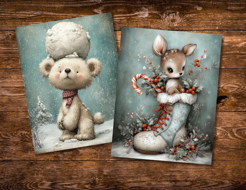 May include: Two winter-themed art prints. One features a teddy bear with a snowball on its head, wearing a scarf, in a snowy scene. The other shows a fawn in a winter boot with a candy cane and holly. Both have a soft, watercolor style.