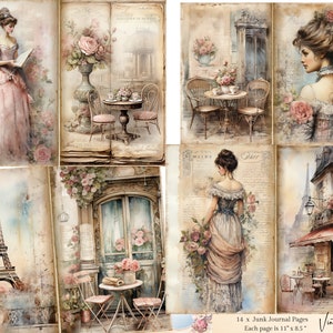 Kit de diário de Paris, diário vintage de Paris, papéis para artesanato, itens efêmeros de Paris, materiais para scrapbooking, cartões ATC de Paris, folhas de colagem
