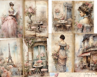 May include: A set of 14 vintage-style junk journal pages featuring images of Paris, France. The pages include images of the Eiffel Tower, Parisian streets, cafes, and women in vintage clothing. Each page is 11 inches by 8.5 inches.