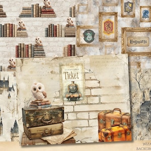 May include: A digital paper collection featuring wizard-themed patterns including stacks of books with owls, gold-framed portraits, Hogwarts castle silhouettes, and vintage suitcases against brick walls and parchment backgrounds with the text Hogwarts Express Ticket.