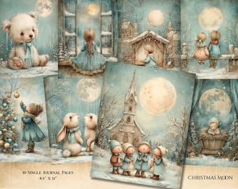 May include: A collection of 30 single journal pages, each featuring a whimsical, vintage-style illustration with a Christmas theme. The artwork includes children, animals, and a church, all under a full moon. The pages measure 8.5 x 11 inches.