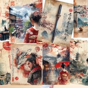 May include: A collage of nine images featuring Japanese-inspired art. The images include a red sun, a woman in a red kimono, a samurai with a dragon, a pagoda, and cherry blossoms. The text in the images is in Japanese.