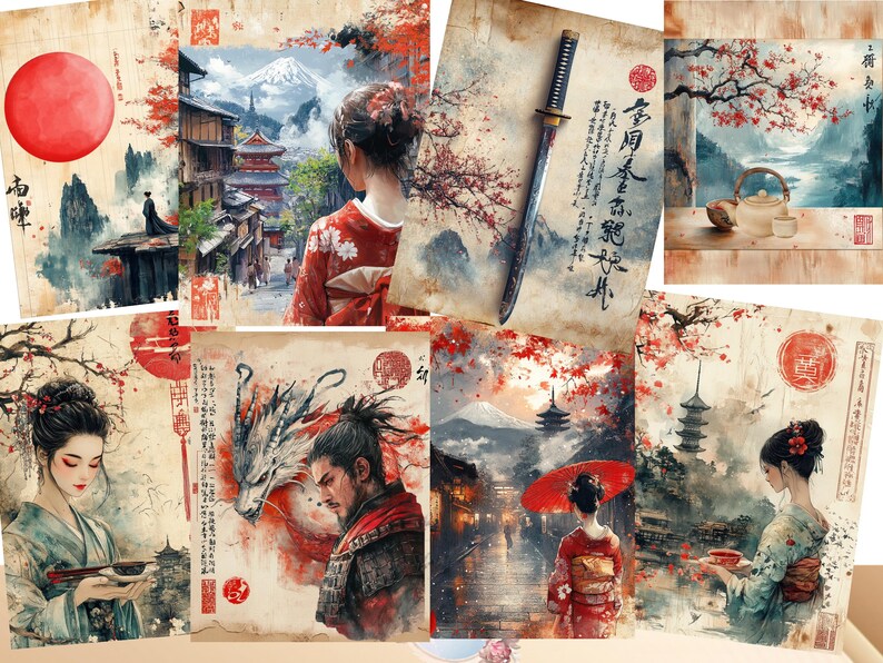 May include: A collage of nine images featuring Japanese-inspired art. The images include a red sun, a woman in a red kimono, a samurai with a dragon, a pagoda, and cherry blossoms. The text in the images is in Japanese.