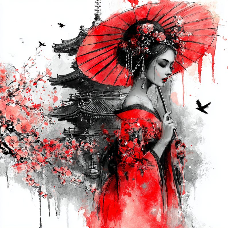 May include: Watercolor illustration of a geisha in a red kimono holding a red parasol. The background features a Japanese pagoda and cherry blossoms in shades of red, black, and white. A serene and artistic depiction of Japanese culture.