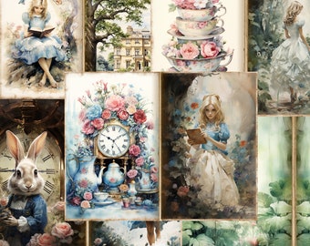 Alice in wonderland Junk Journal, Alice Scrapbooking,  Alice Printable Ephemera, Digital Junk Journal Collage Printable, Junk Journal Papers