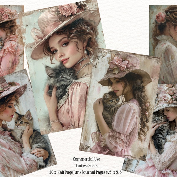 Victorian Women Junk Journal Pages, Ladies Hats Junk Journal, Victorian Collage Sheet, Victorian Ephemera, Cats Junk Journal, Cats Ephemera