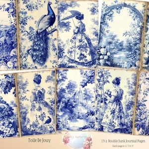 Blue Toile De Jouy Decoupage Papers, French Toile Junk Journal, Blue Toile Digital junk Journal Toile Vintage Ephemera, Toile ATC Cards
