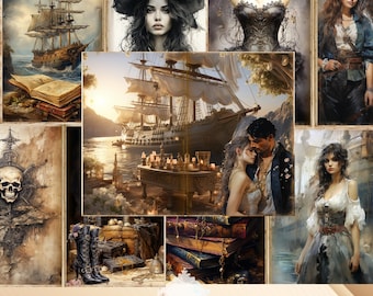 May include: A digital collage of 15 pages for a junk journal, featuring a pirate ship, a couple, a woman in a corset, a woman in a pirate costume, and a woman in a white dress. The pages are decorated with vintage illustrations, text, and other embellishments. The collage is titled "Pirates - A Love Story" and "15 Pages Junk Journal Pages".