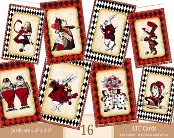 Cartões ATC digitais de Alice no País das Maravilhas - 16 kits de diário estilo lixo para impressão Alice no País das Maravilhas, etiquetas vintage de retrato Alice Ephemera
