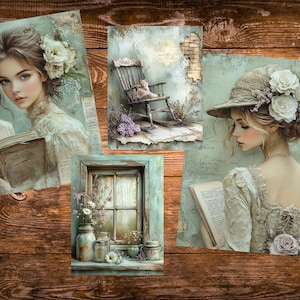 May include: A collection of vintage-style art prints featuring women, books, and floral accents. The prints showcase a woman reading, a rocking chair, a window with flowers, and a woman in a hat, all in soft pastel colors.