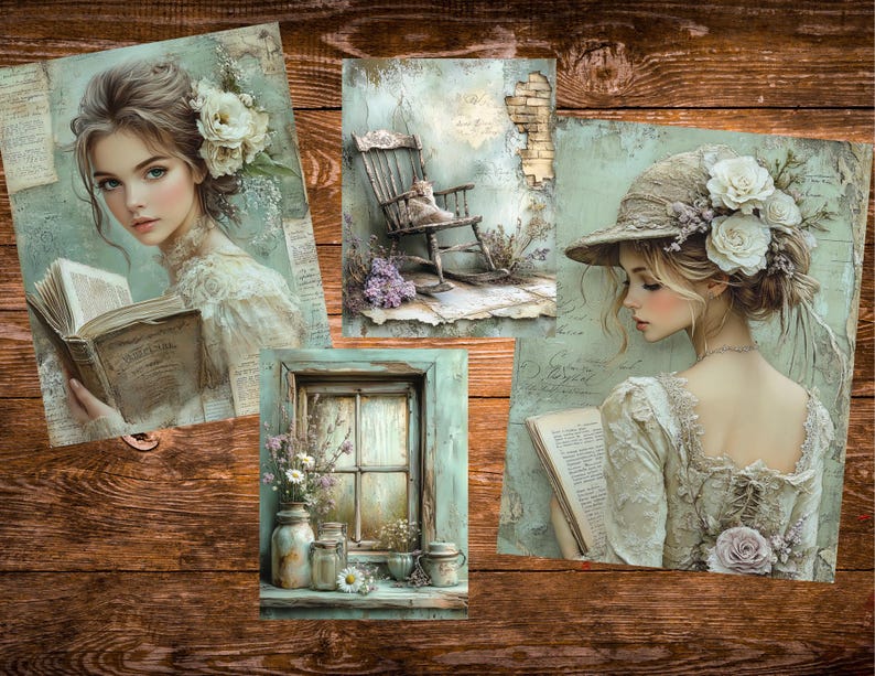May include: A collection of vintage-style art prints featuring women, books, and floral accents. The prints showcase a woman reading, a rocking chair, a window with flowers, and a woman in a hat, all in soft pastel colors.