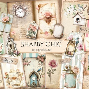 May include: A collection of vintage-style ephemera, including clocks, birdhouses, roses, and envelopes. The items are arranged on aged paper with a "Shabby Chic" theme, perfect for junk journaling and crafting projects.