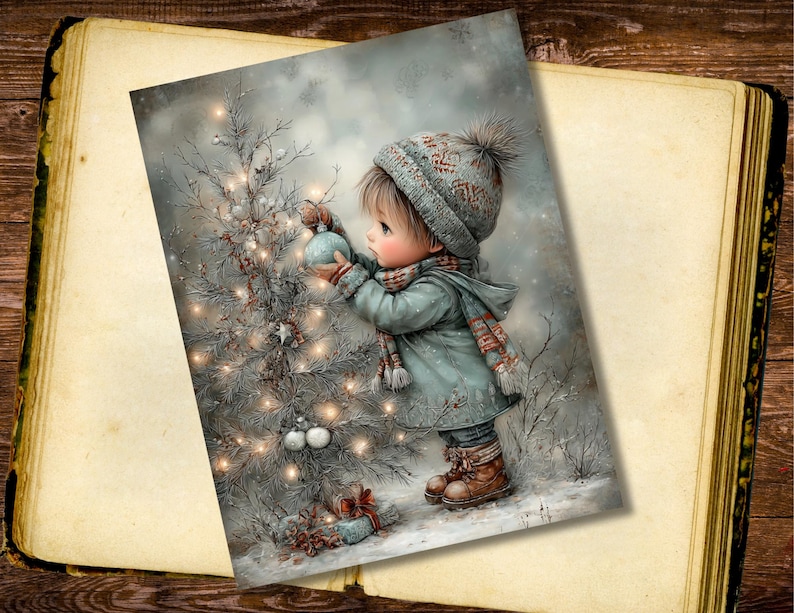 May include: A digital art print depicts a child decorating a Christmas tree in a snowy scene. The child wears a blue coat, hat, and scarf. The tree is adorned with lights and ornaments. The print is set against a backdrop of a vintage book.
