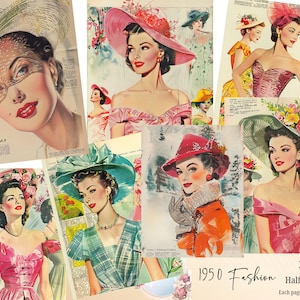 1950 Fashion Junk Journal, vintage plakboek afdrukbare pagina's, vintage mode jaren 1950, vintage mode ephemera, 1950 halve pagina's mode