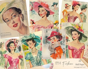 1950's Fashion Junk Journal, Vintage Scrapbook Printable Pages, Vintage Fashion 1950's, Vintage Fashion Ephemera, 1950 Fashion Half Pages
