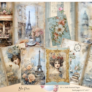 Paris Junk Journal, páginas Blue Paris Junk Journal, papéis de artesanato, Paris Ephemera, Scrapbooking, Paris Ephemera Pack, Paris Junk Journal