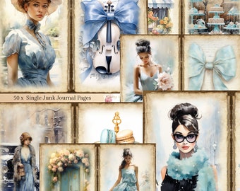 May include: A collage of digital scrapbook paper featuring watercolor illustrations of women, flowers, musical instruments, and other decorative elements in shades of blue and white. The text "50 x Single Junk Journal Pages" is included in the image.