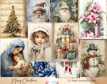 May include: A collection of 12 junk journal pages with a Christmas theme. The pages feature watercolor illustrations of Santa Claus, a Christmas tree, a child, gifts, poinsettias, a snowman, and the Virgin Mary with baby Jesus. The words "Merry Christmas" are at the bottom.