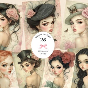 Victorian Girls 25 Half Papers, Victorian Junk Journal,, Watercolour Printable, Digital Download Victorian Ephemera Vintage Girl Portraits