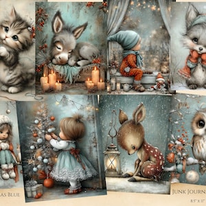 Può includere: Una collezione di illustrazioni stravaganti in stile vintage con adorabili animali e bambini in scene invernali. Le immagini includono un gattino con un ornamento a globo, un asino che dorme, un bambino in abiti invernali e una volpe con cappello e sciarpa. Il testo "Christmas Blue" e "Junk Journal Pages 8.5" x 11"" sono anche visibili.