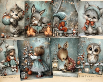 May include: A collection of eight Christmas-themed illustrations featuring a kitten with an ornament, a sleeping donkey, a child in a winter hat, a fox, a child in a winter outfit, a child decorating a tree, a deer, and an owl. Text reads Christmas Blue Junk Journal Pages 8.5 x 11.