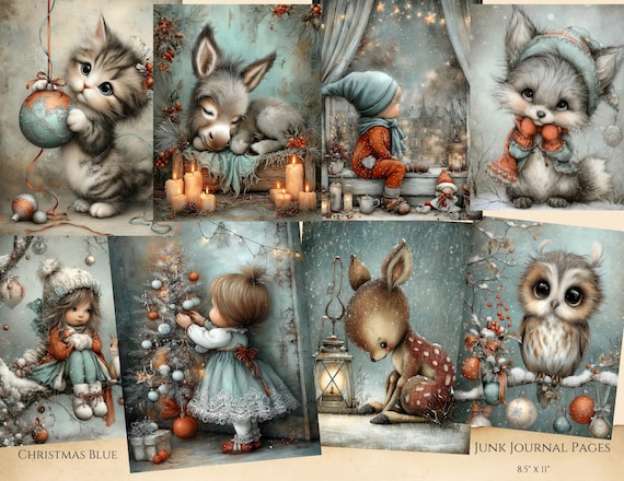 Blue Christmas Fairy Tale Junk Journal Pages, 20 Pages, scrapbook images, Printable Paper, Digital Download Christmas Woodland Animals