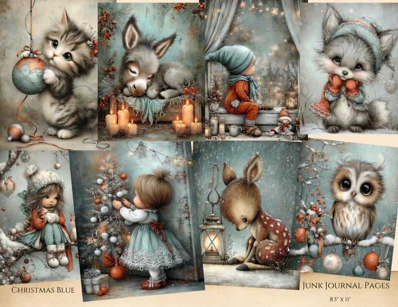 May include: A collection of whimsical, vintage-style illustrations featuring adorable animals and children in winter scenes. The images include a kitten with a globe ornament, a sleeping donkey, a child in a winter outfit, and a fox in a hat and scarf. The text "Christmas Blue" and "Junk Journal Pages 8.5" x 11"" are also visible.