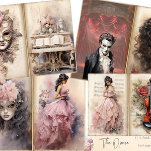 Könnte beinhalten: Eine Sammlung von 11 Junk-Journal-Seiten, jeweils 27,94 cm x 21,59 cm, mit Opernthema. Die Seiten zeigen Illustrationen einer Maskenmaske, eines Klaviers, einer Theaterszene, einer Frau und einer Geige mit einer Rose.