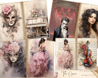 Puede incluir: Una colección de 11 páginas para diario con ilustraciones de ópera, incluyendo máscaras, un piano, un violinista y figuras con ropa formal. Cada página mide 27,94 cm por 21,59 cm, con texturas de papel de estilo vintage.