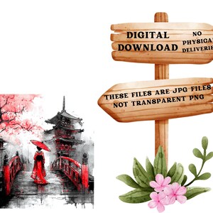 May include: Digital download graphic featuring a watercolor painting of a Japanese pagoda, bridge, and a person in a red kimono holding a red umbrella. A wooden sign indicates "Digital Download" and file type. Pink flowers and greenery are at the base.