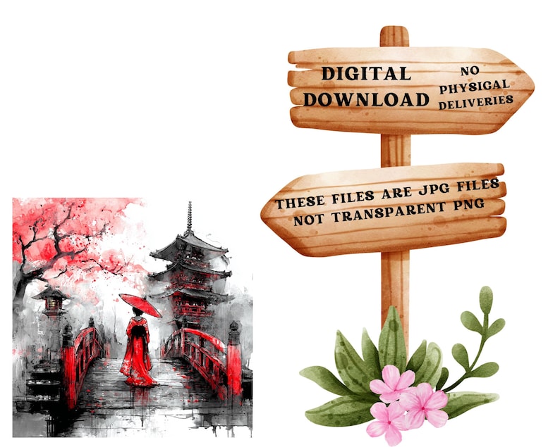 May include: Digital download graphic featuring a watercolor painting of a Japanese pagoda, bridge, and a person in a red kimono holding a red umbrella. A wooden sign indicates "Digital Download" and file type. Pink flowers and greenery are at the base.