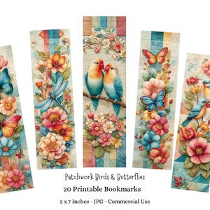 May include: Set of five decorative bookmarks featuring watercolor illustrations of birds, butterflies, and flowers. Each bookmark is 2 x 7 inches and has a unique design with a patchwork background. The text "Patchwork Birds & Butterflies" is visible.